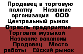 Продавец в торговую палатку.  › Название организации ­ ООО Центральный рынок › Отрасль предприятия ­ Торговля музыкой  › Название вакансии ­ Продавец › Место работы ­ Ейский рынок › Подчинение ­ Женщине  › Минимальный оклад ­ 10 000 › Процент ­ 20 › База расчета процента ­ от количества проданного товара   › Возраст от ­ 18 › Возраст до ­ 45 - Краснодарский край, Ейский р-н, Ейск г. Работа » Вакансии   